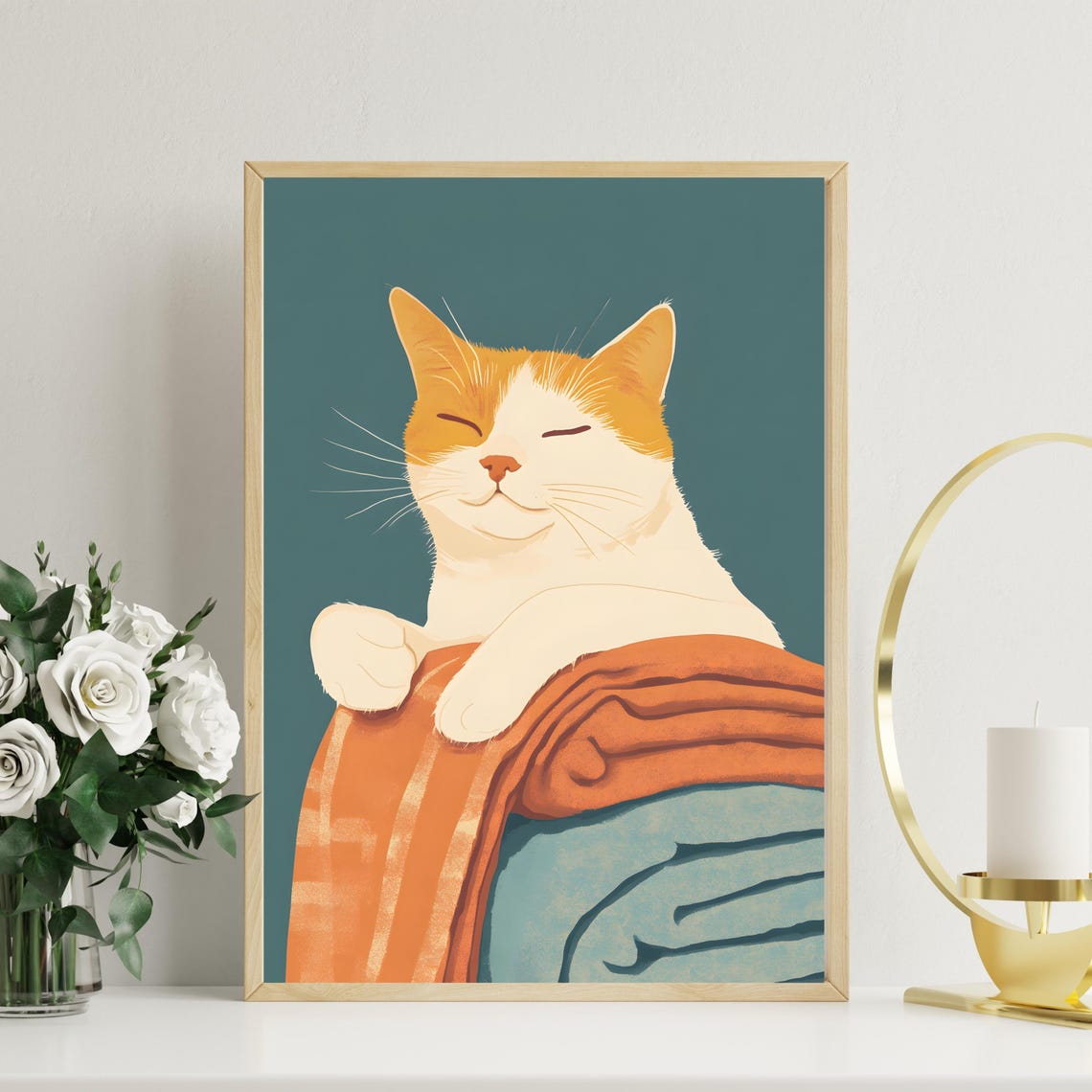 Cozy Orange Cat Hugging Folded Blankets on a Teal Background Poster - Image 8