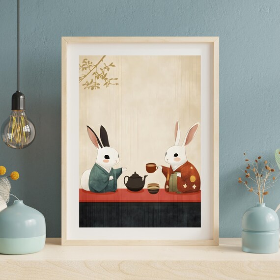 Two Rabbits In Kimono Sharing Tea Japanese Style Cute Animal Poster