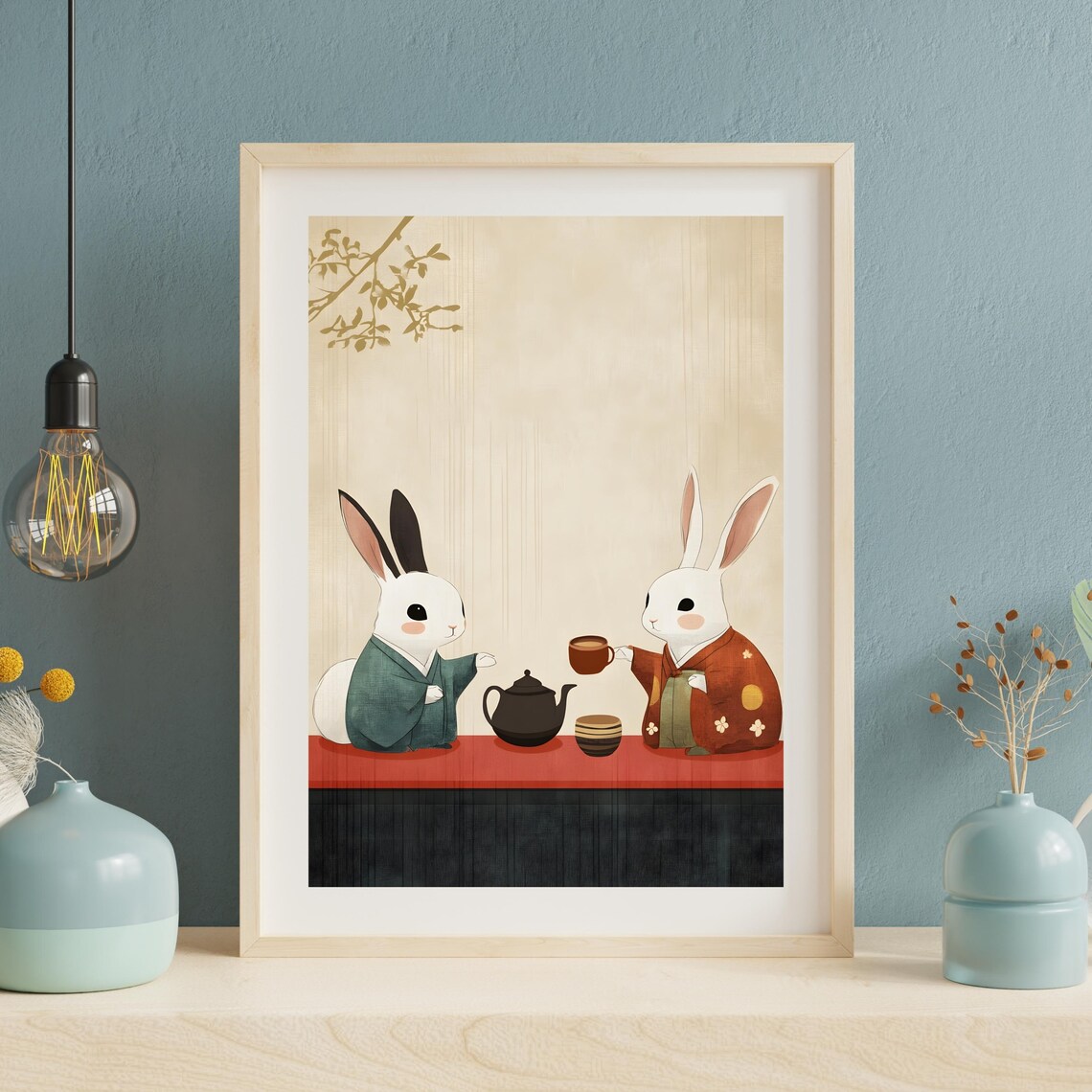 Two Rabbits In Kimono Sharing Tea Japanese Style Cute Animal Poster