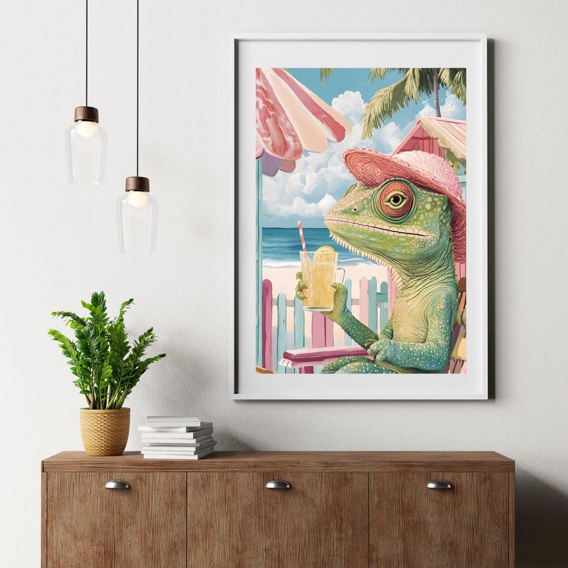 Chameleon in Pink Straw Hat Sipping Lemonade at Beach Poster - Image 2