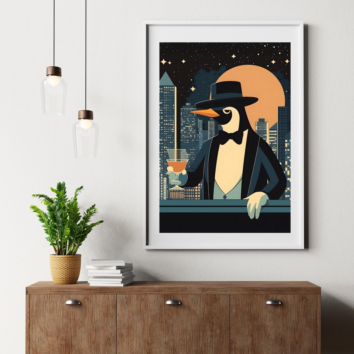 Debonair Penguin in Fedora Holding Cocktail at Night City Poster - Image 8