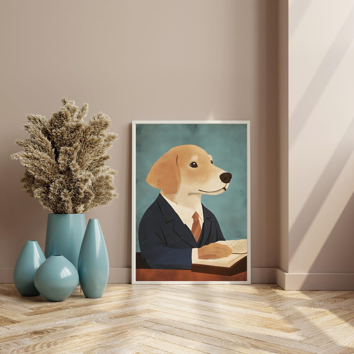 Golden Retriever In A Business Suit Reading At His Desk Poster - Image 8