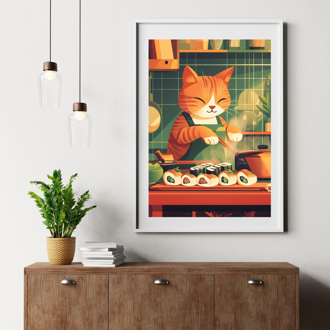 Ginger Cat Sushi Chef Rolling Sushi In A Cozy Kitchen Scene Poster - Image 4