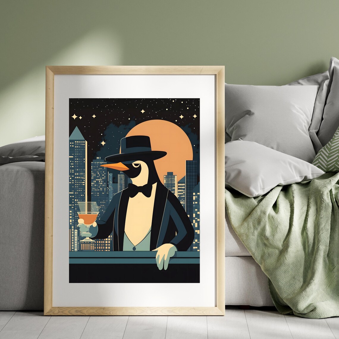 Debonair Penguin in Fedora Holding Cocktail at Night City Poster - Image 2