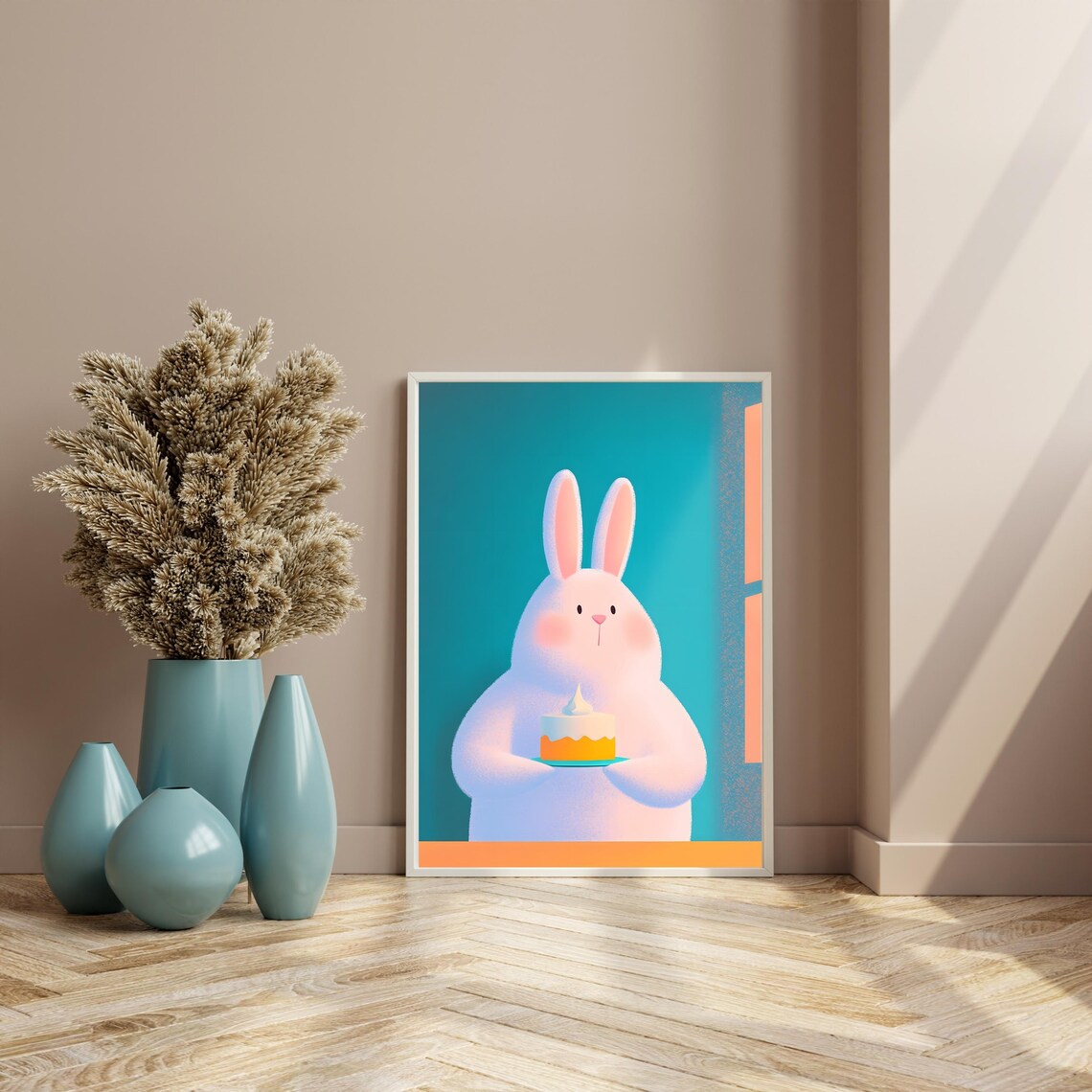 Sweet White Bunny Holding Birthday Cake On Teal Background Poster - Image 4