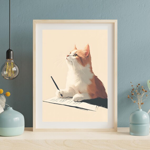 Thoughtful Orange and White Cat Holding a Pen Over an Open Notebook Poster