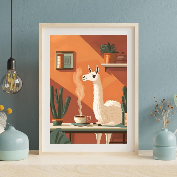 Llama Sipping Coffee Cozy Cafe Morning Whimsical Animal Art Poster