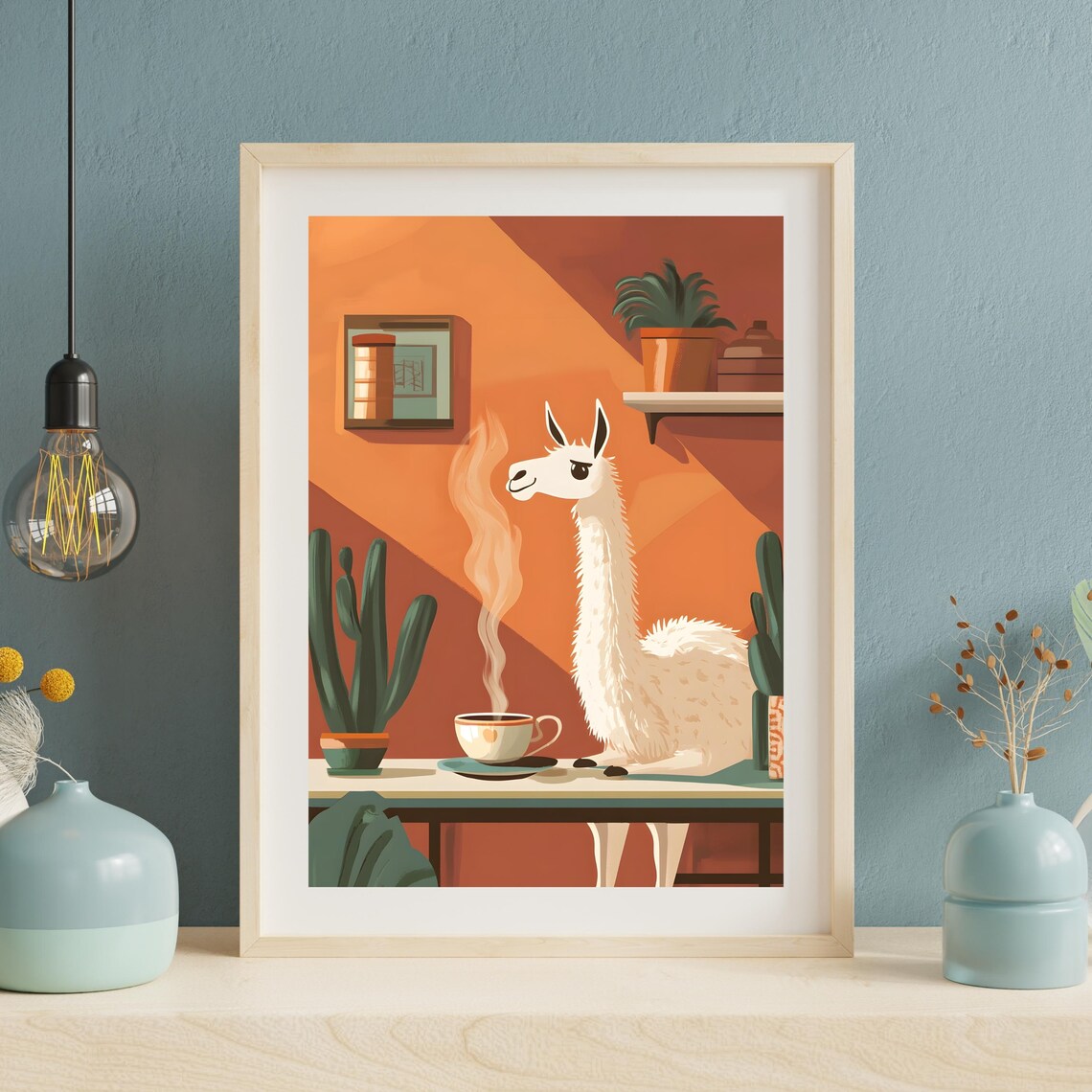 Llama Sipping Coffee Cozy Cafe Morning Whimsical Animal Art Poster