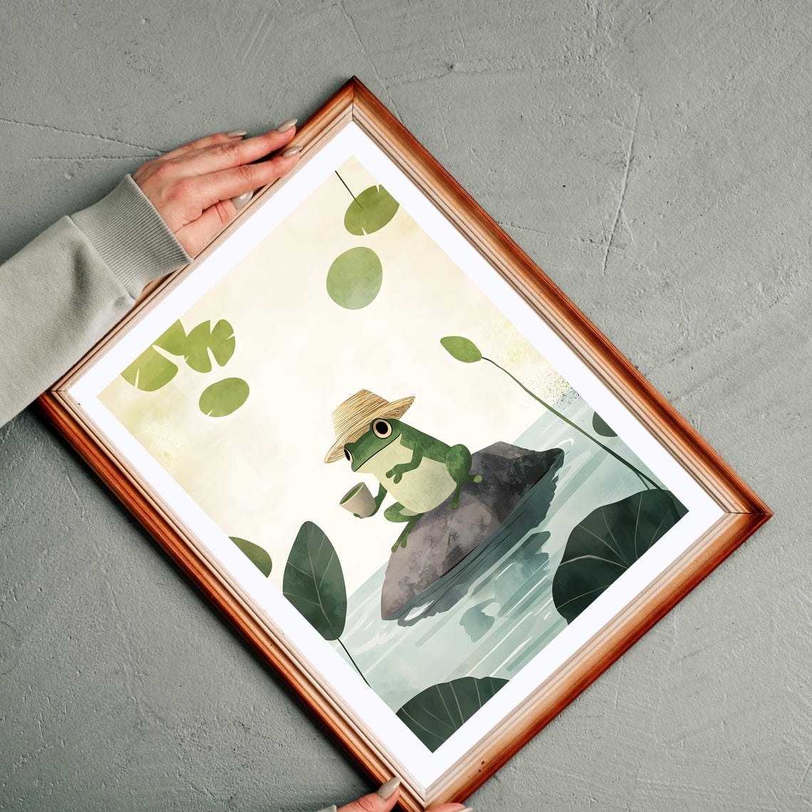 Sweet Cute Frog in Straw Hat Sipping Tea Atop a Pond Rock Poster - Image 2