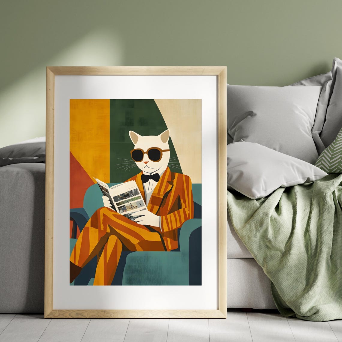 Classy Cat Suit Sunglasses Reading Newspaper Retro Style Art Poster - Image 3