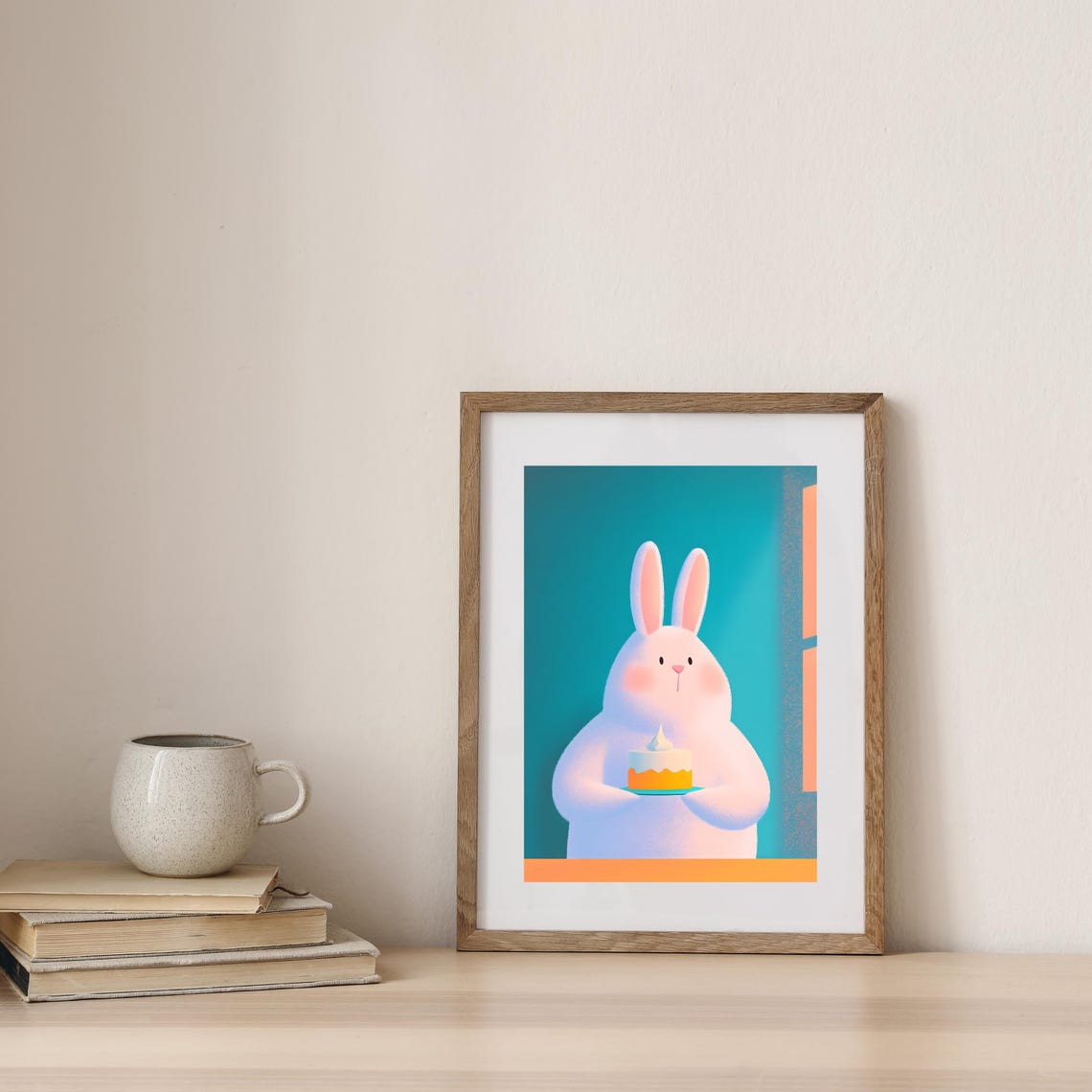 Sweet White Bunny Holding Birthday Cake On Teal Background Poster - Image 3