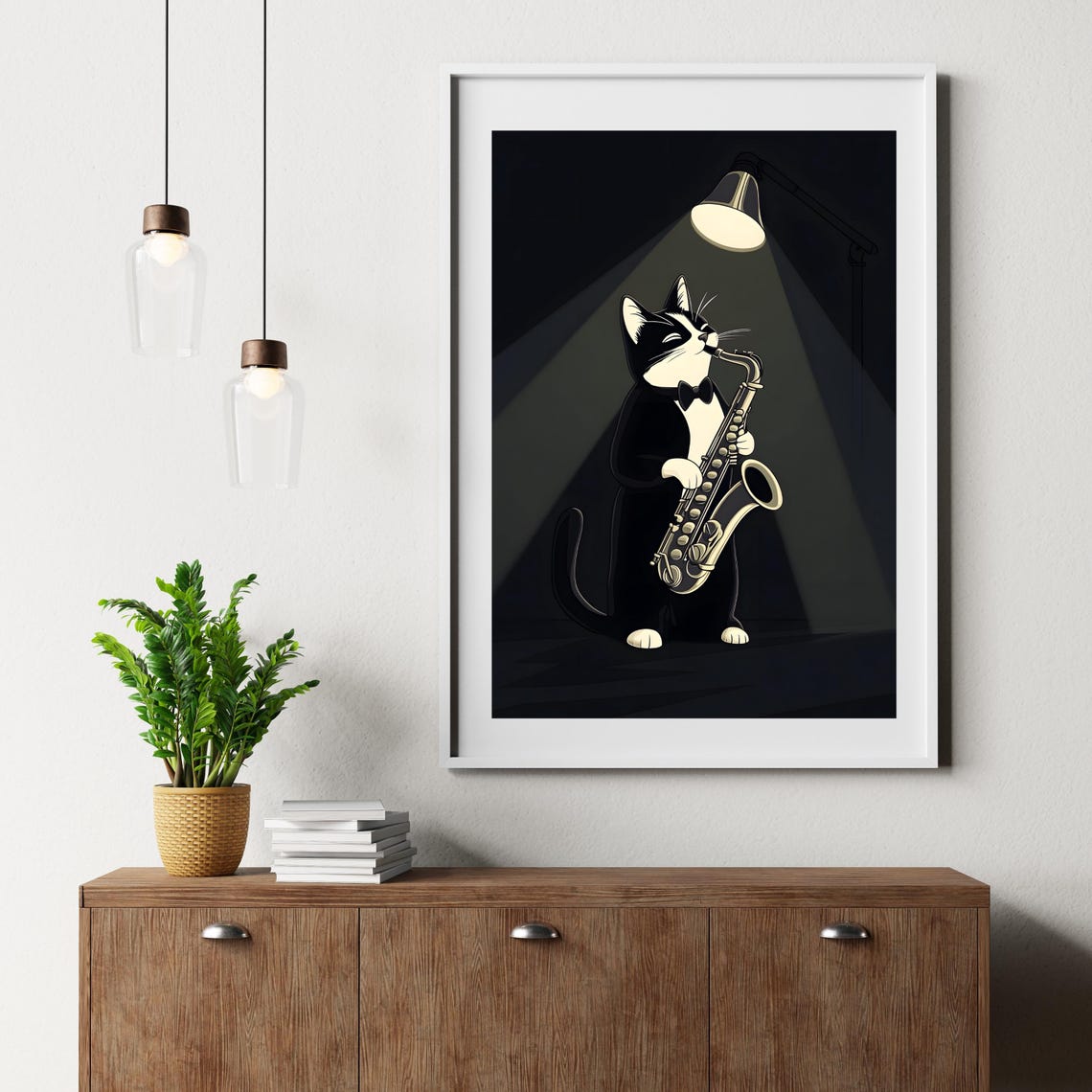 Black and White Cat Playing Saxophone Under Lamp Light Poster - Image 8