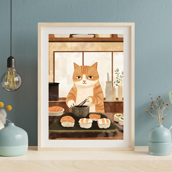 Orange Tabby Cat Chef Eating Sushi In A Cozy Japanese Kitchen Poster