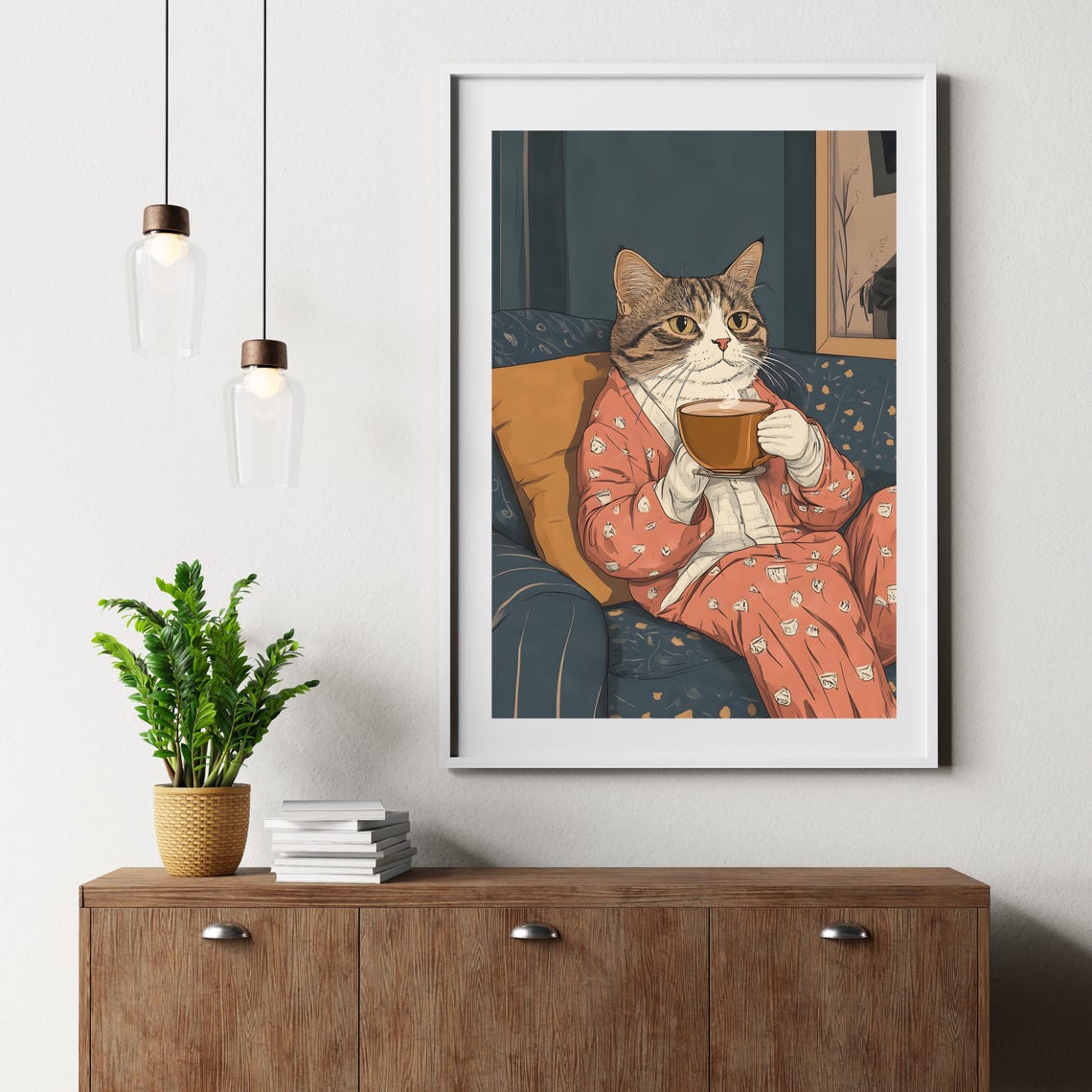 Cozy Tabby Cat in Pajamas Drinking Coffee on a Blue Sofa Poster - Image 6