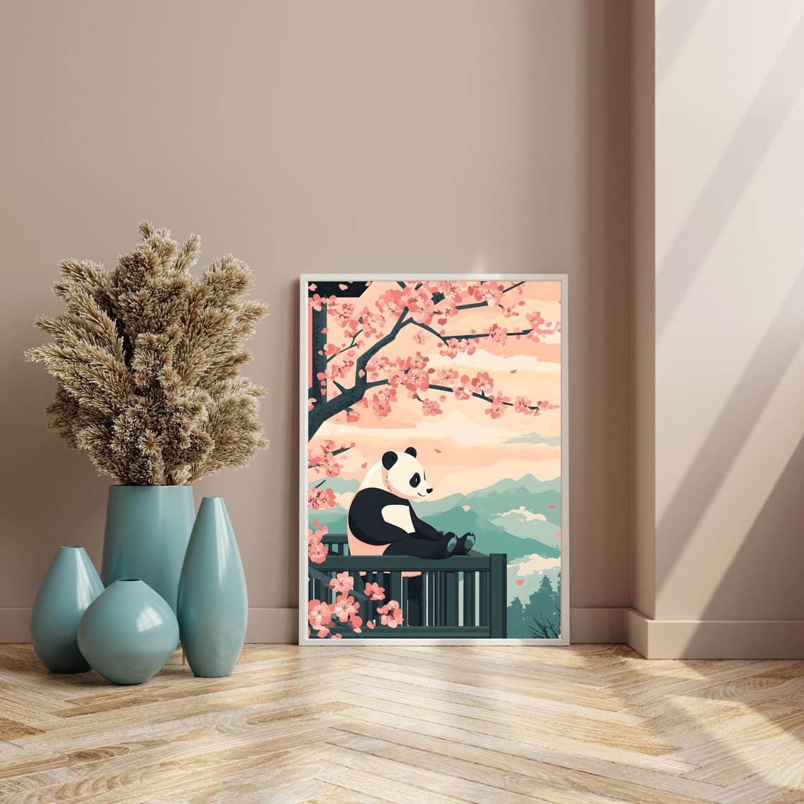 Panda Resting Under Cherry Blossoms At Mountain Sunset Poster - Image 8