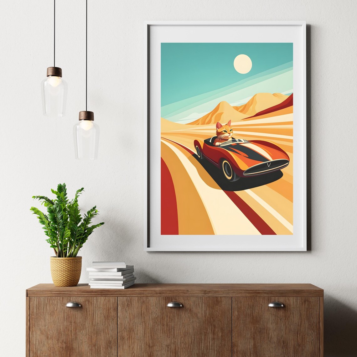 Orange Cat Driving Red Vintage Race Car on Desert Road Poster - Image 6