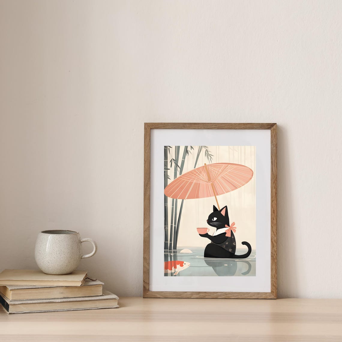 Black Cat With Pink Umbrella Drinking Tea in a Rainy Pond Poster - Image 7