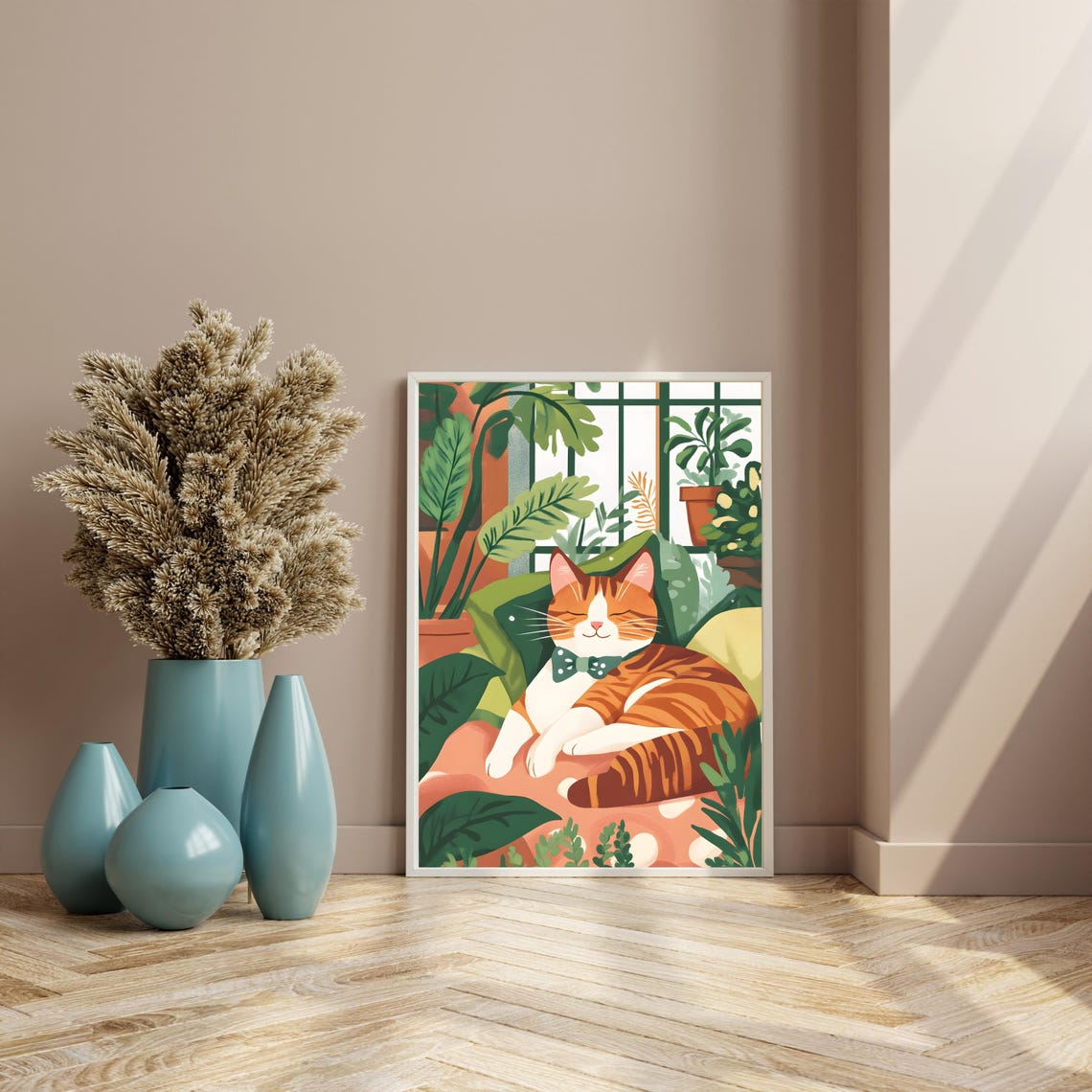 Ginger Tabby Cat Napping In A Bow Tie Among Lush Houseplants Poster - Image 8