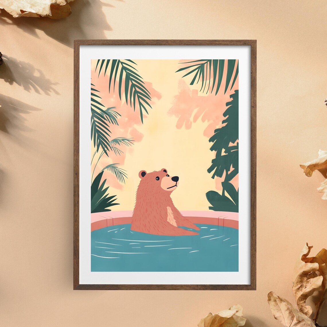 Smiling Brown Bear Floating in a Tropical Pool Under Pink Sunset Skies Poster - Image 5