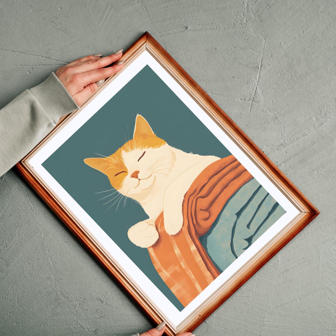 Cozy Orange Cat Hugging Folded Blankets on a Teal Background Poster - Image 7