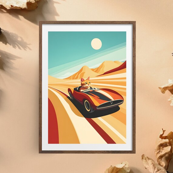 Orange Cat Driving Red Vintage Race Car on Desert Road Poster
