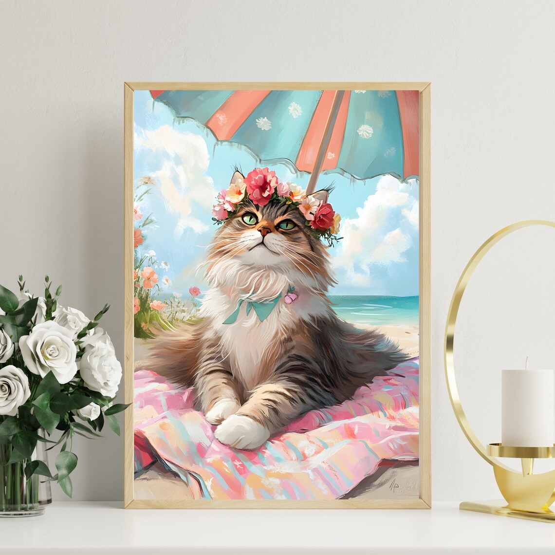 Fluffy Long-Haired Cat in Flower Crown Under Beach Umbrella Poster