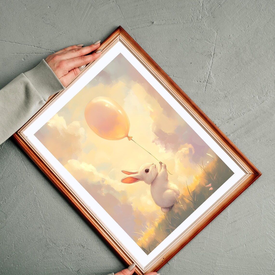 Tiny White Bunny Holding a Glowing Orange Balloon in a Sunset Meadow Poster - Image 3