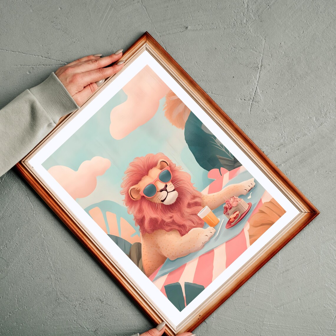 Carefree Lion With a Coral Mane and Sunglasses Lounging at a Pink Picnic Poster - Image 8