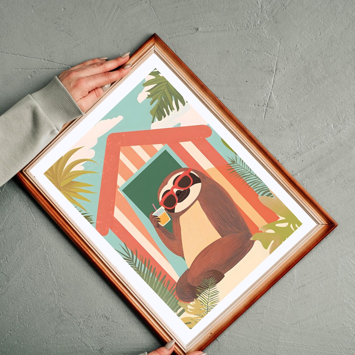 Chill Sloth in Red Sunglasses Sipping Juice Before a Striped Beach Hut Poster - Image 6