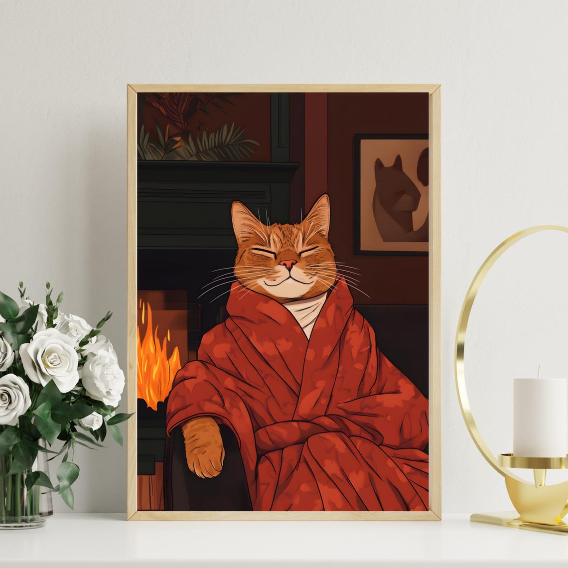 Cozy Ginger Cat in a Red Robe Relaxing by the Fireplace Poster - Image 2
