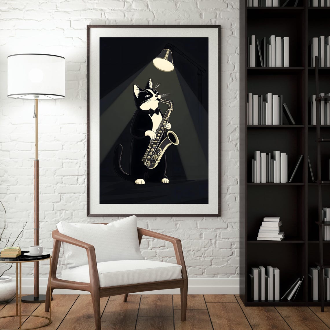 Black and White Cat Playing Saxophone Under Lamp Light Poster - Image 7