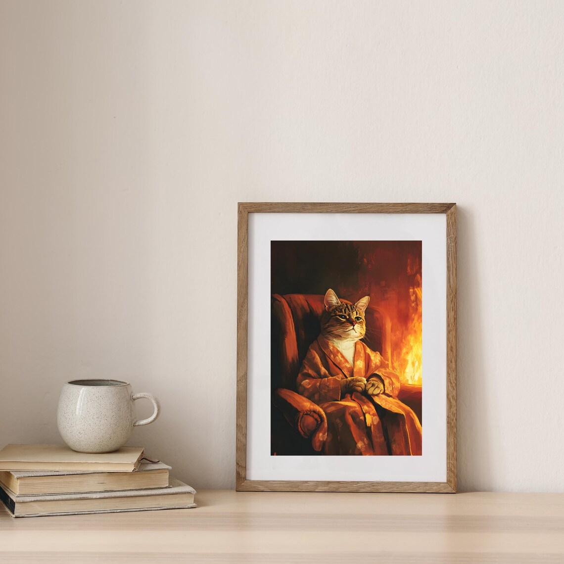 Regal Tabby Cat Wearing An Orange Robe By The Fireplace Poster - Image 3