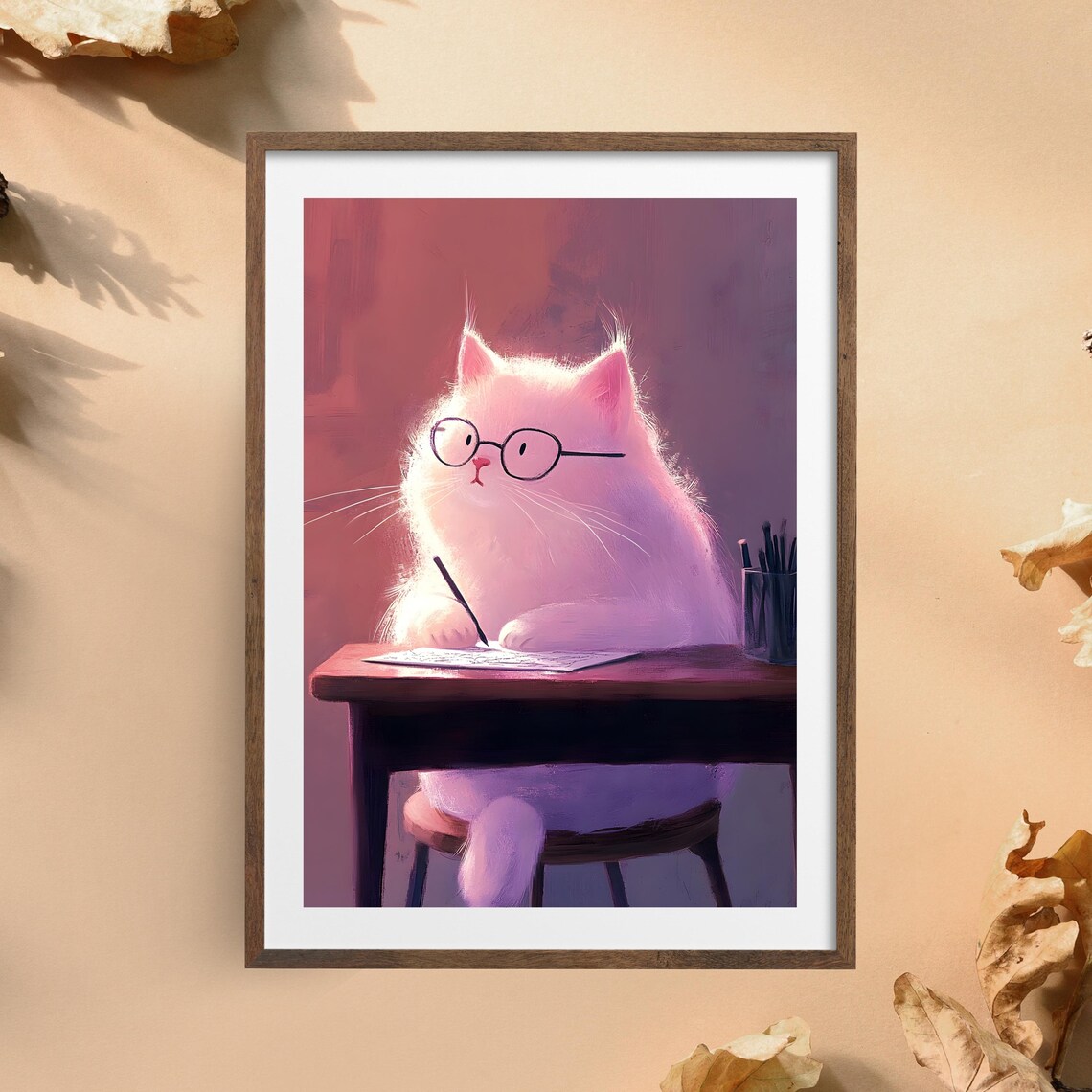 Fluffy White Cat in Glasses Writing at a Wooden Desk in Rose Light Poster - Image 2