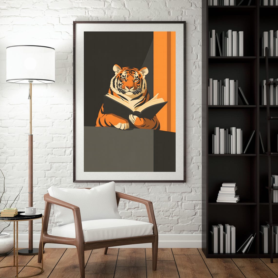 Sophisticated Tiger Reading Book Minimalist Orange Black Art Poster - Image 7
