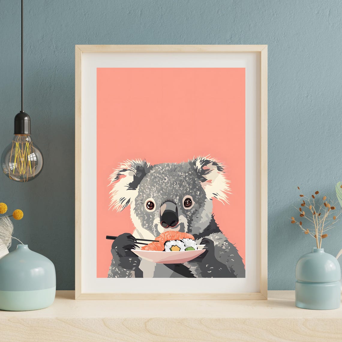 Cute Koala Eating Sushi with Chopsticks on a Coral Background Poster