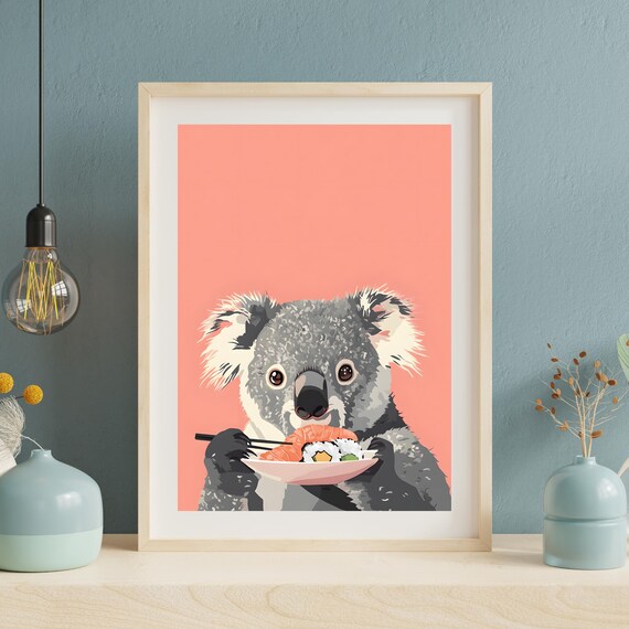 Cute Koala Eating Sushi with Chopsticks on a Coral Background Poster