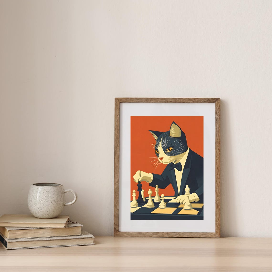 Dapper Cat in Tuxedo Playing Chess on Orange Background Poster - Image 8