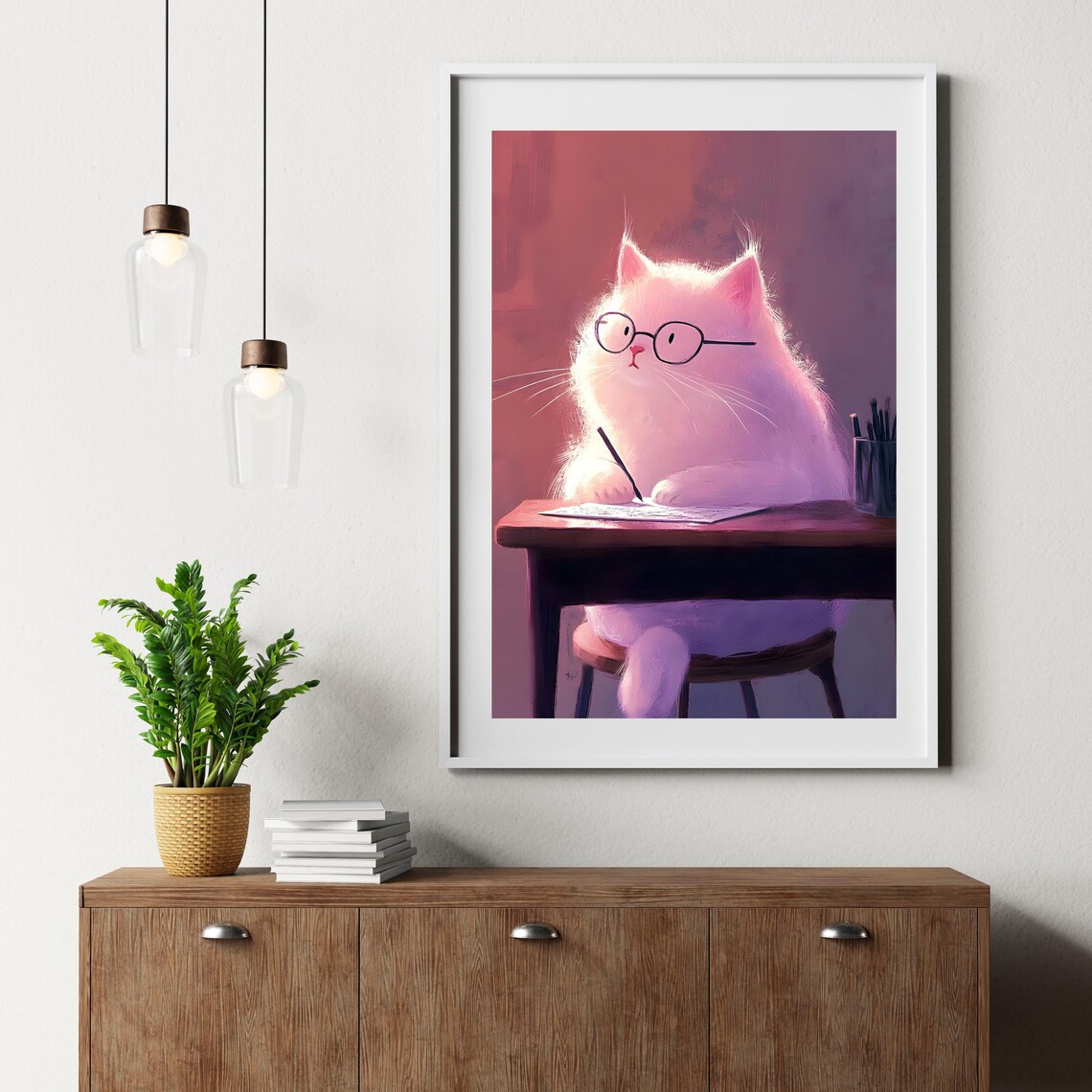 Fluffy White Cat in Glasses Writing at a Wooden Desk in Rose Light Poster - Image 3