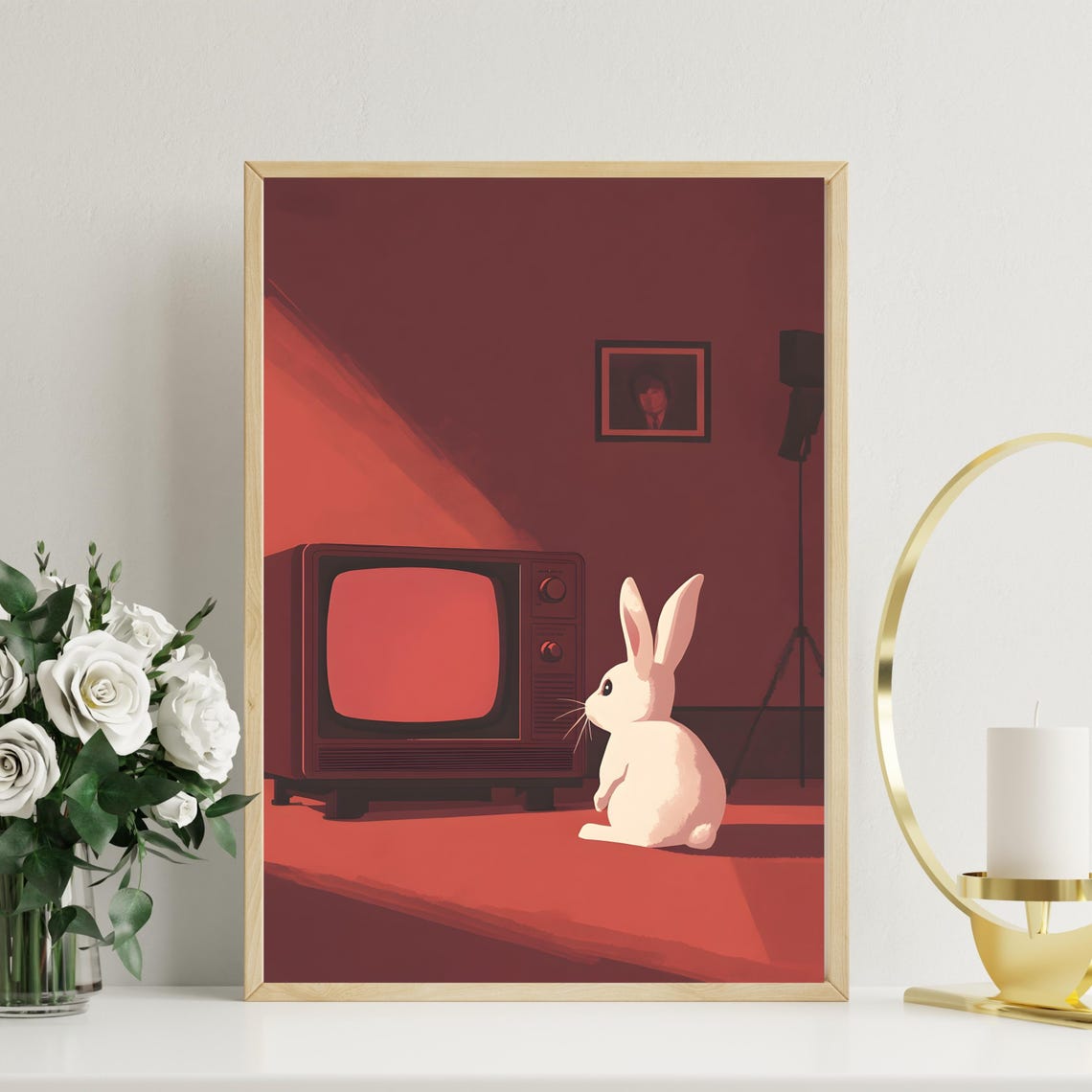 Retro Bunny Watching Vintage TV Red Room Minimalist Animal Art Poster - Image 2
