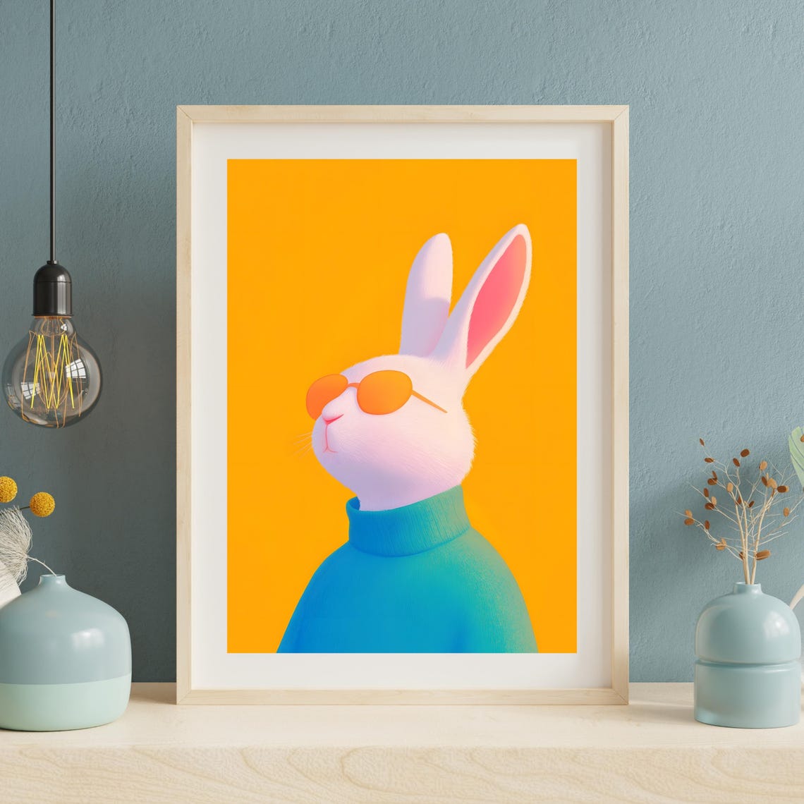 Cool White Rabbit in Orange Sunglasses and Teal Turtleneck Poster - Image 2