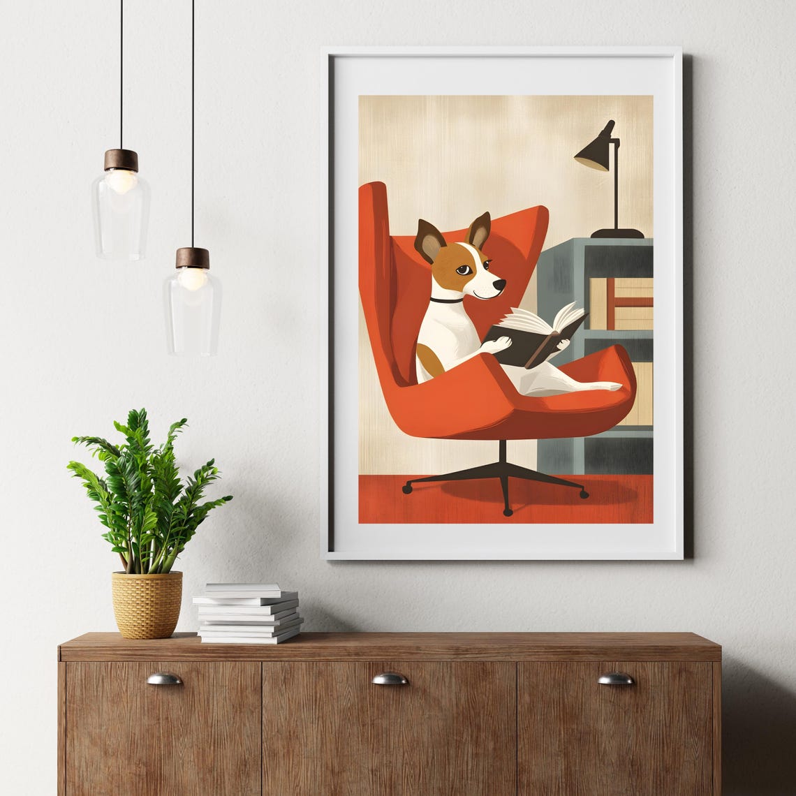 Jack Russell Dog Reading A Book In A Red Armchair Mid Century Poster - Image 6