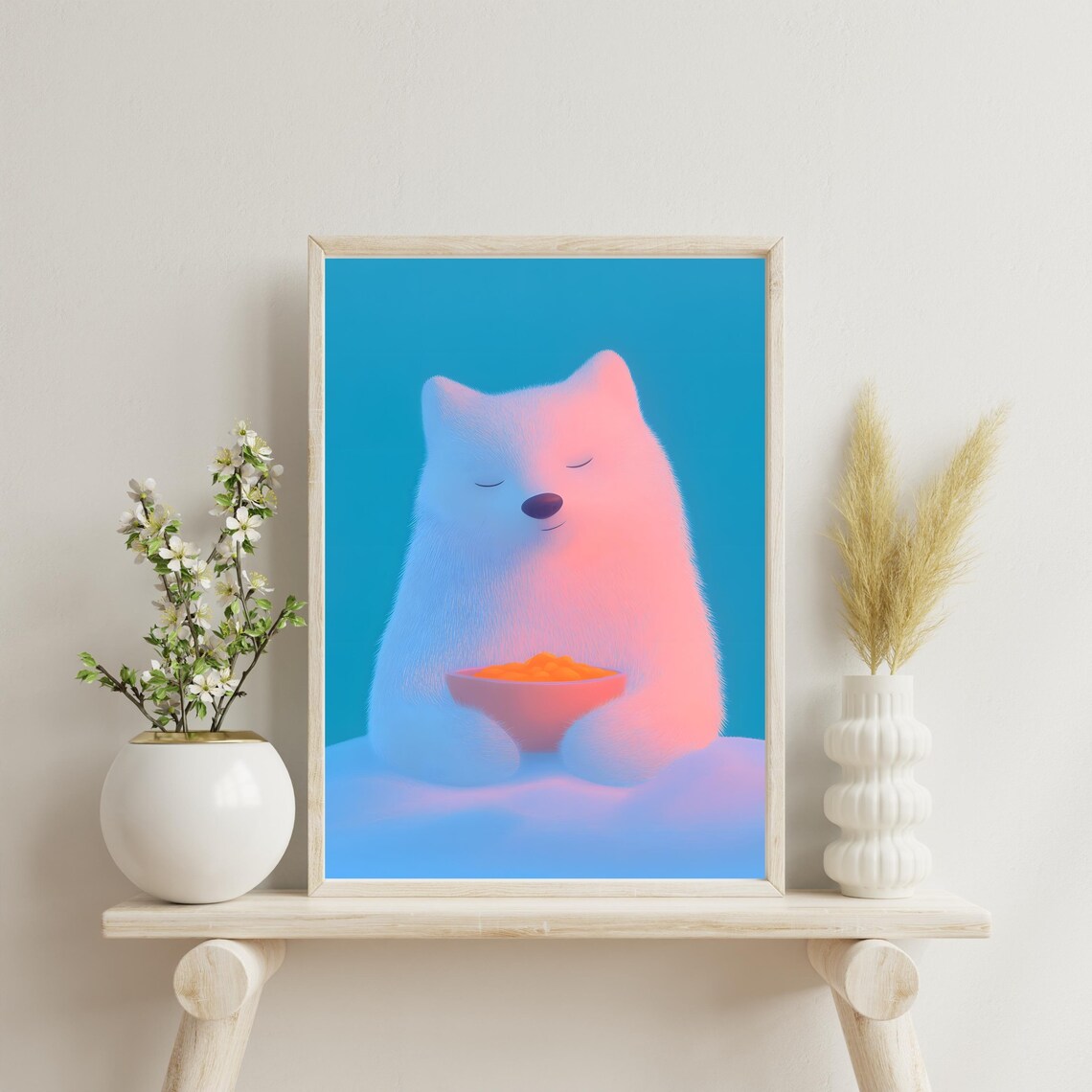 Sleepy White Polar Bear Holding a Warm Bowl of Orange Soup Poster - Image 4