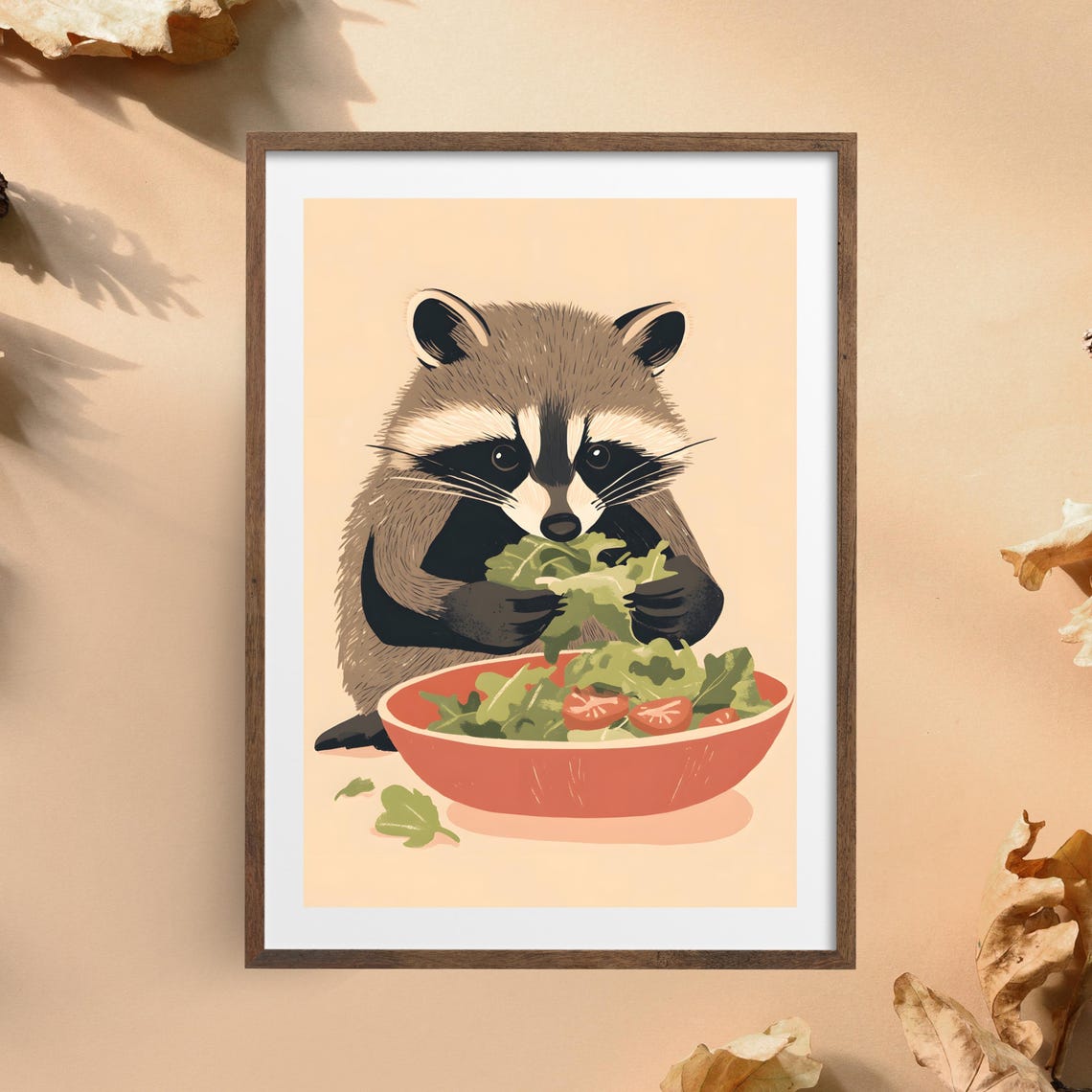 Cute Raccoon Enjoying a Fresh Green Salad Bowl with Tomatoes Poster - Image 5