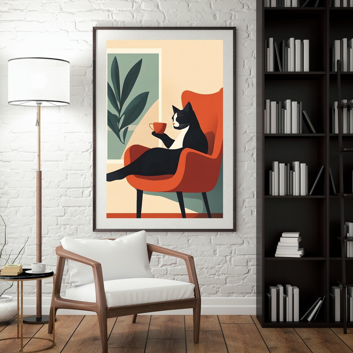 Black and White Cat Sipping Coffee in Orange Armchair Poster - Image 5