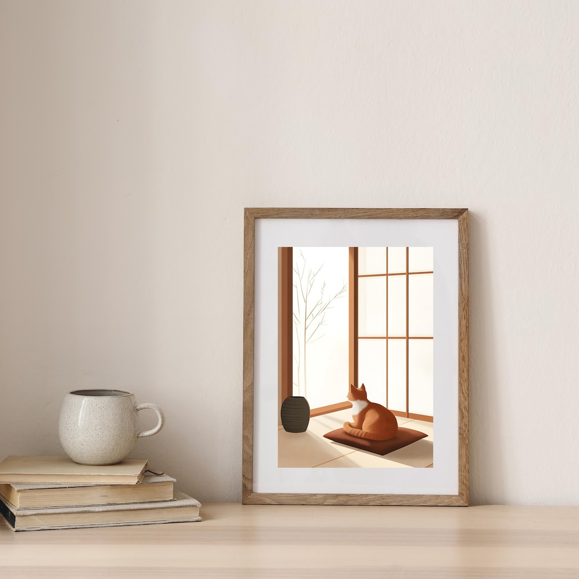 Quiet Orange Cat Sitting on a Cushion Before a Tall Shoji Screen Poster - Image 7
