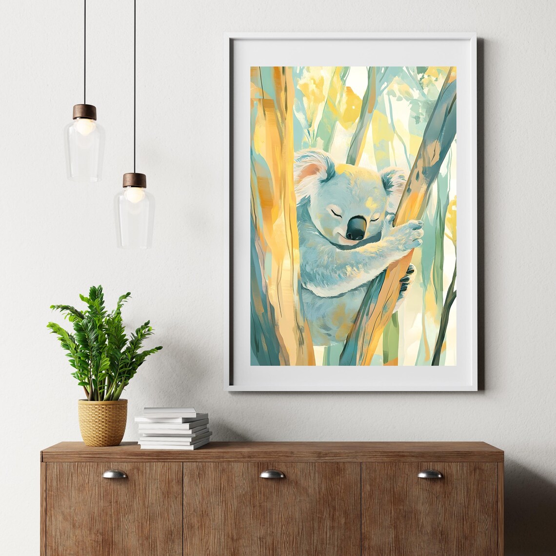 Sleepy Koala Hugging a Sunlit Eucalyptus Trunk in a Soft Painted Forest Poster - Image 5