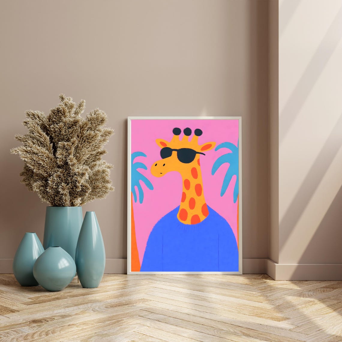 Cool Giraffe in Sunglasses and Blue Sweater on Hot Pink Poster - Image 2