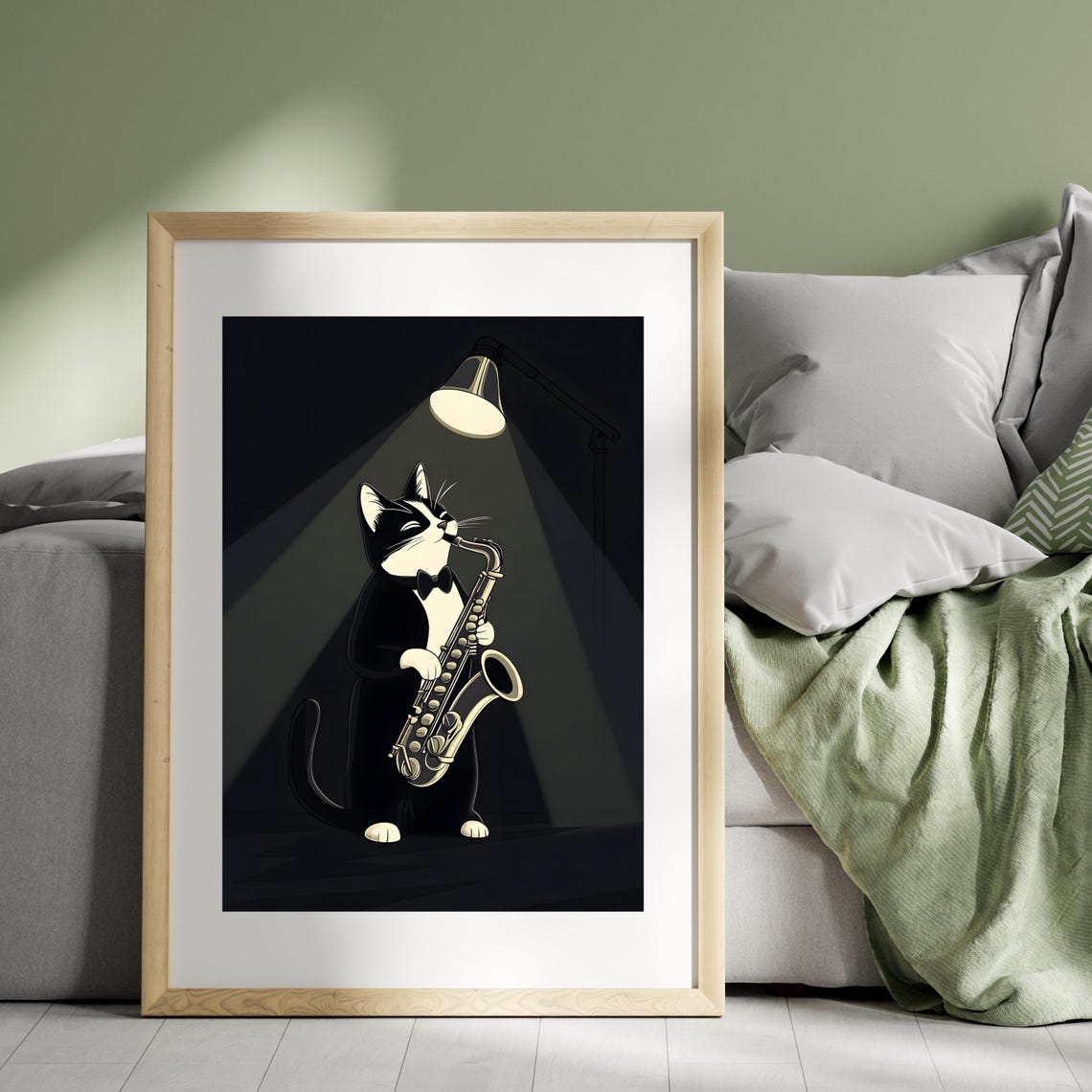 Black and White Cat Playing Saxophone Under Lamp Light Poster - Image 2