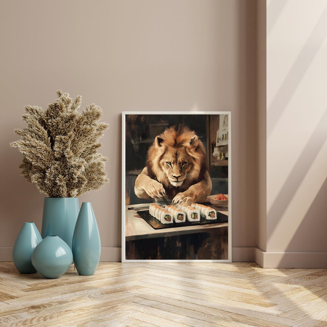 Majestic Lion Using Chopsticks Over a Full Sushi Platter Poster - Image 4