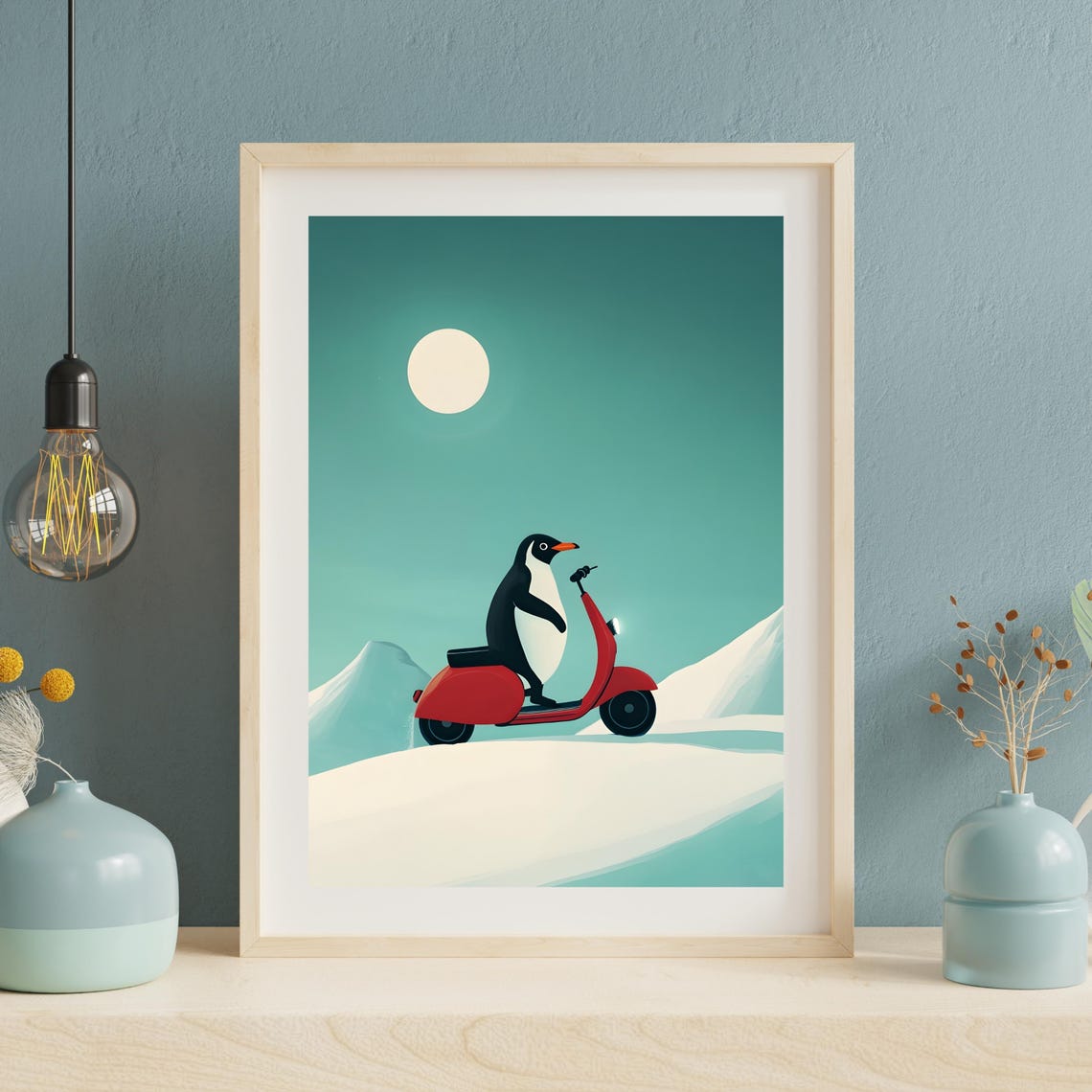 Penguin Riding A Red Scooter Through A Snowy Winter Landscape Poster - Image 3